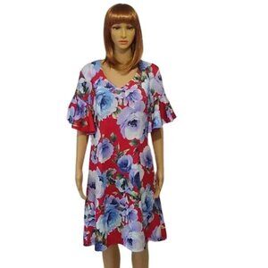 NWOT Marc Bouwer Dress Red Floral Scuba Material Bell Sleeves Medium NEW